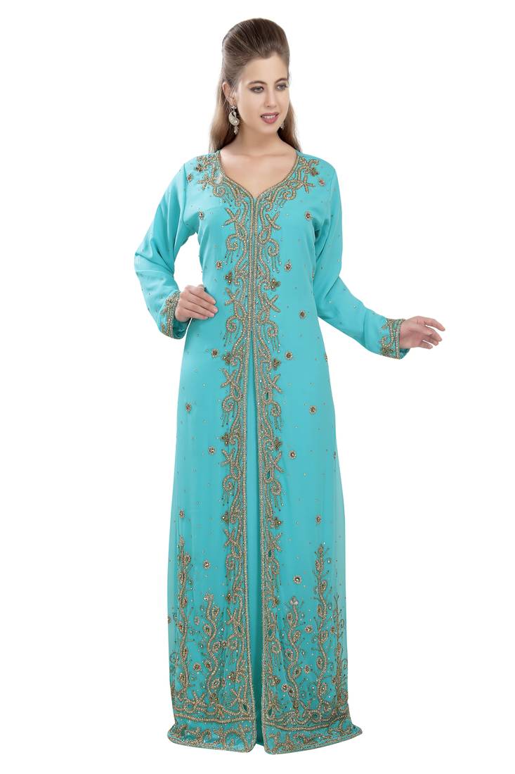 Turquoise georgette islamic kaftan with zari and stone work