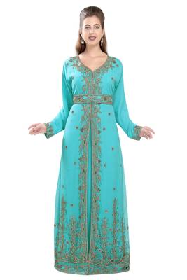 Turquoise georgette islamic kaftan with zari and stone work 3