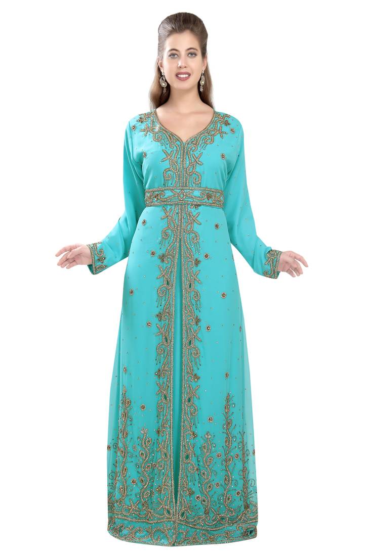 Turquoise georgette islamic kaftan with zari and stone work