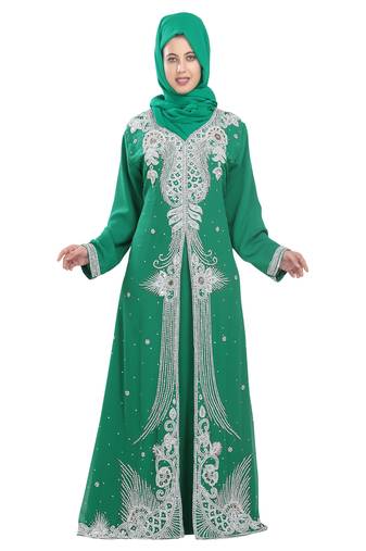 Rama Green georgette islamic kaftan with zari and stone work