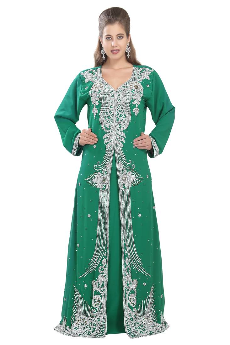 Rama Green georgette islamic kaftan with zari and stone work