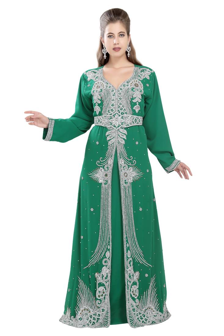 Rama Green georgette islamic kaftan with zari and stone work