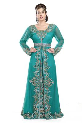 Rama Green georgette islamic kaftan with zari and stone work 1