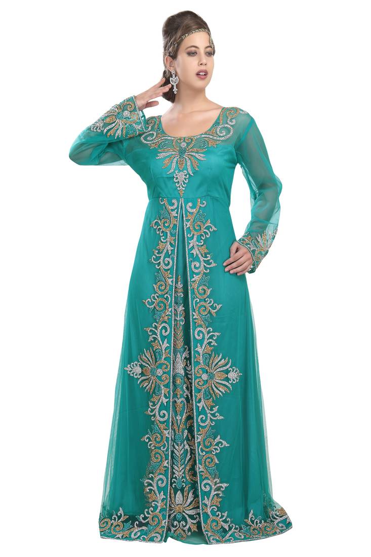 Rama Green georgette islamic kaftan with zari and stone work