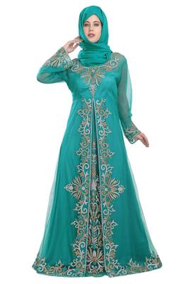 Rama Green georgette islamic kaftan with zari and stone work 4
