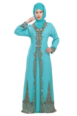 Turquoise georgette islamic kaftan with zari and stone work 1