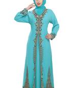 Turquoise georgette islamic kaftan with zari and stone work