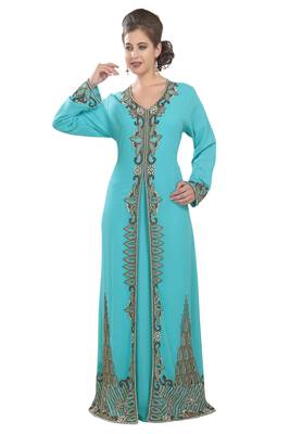 Turquoise georgette islamic kaftan with zari and stone work 2