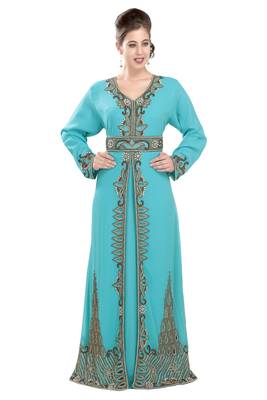 Turquoise georgette islamic kaftan with zari and stone work 3