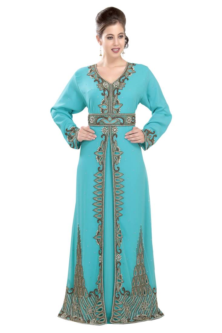 Turquoise georgette islamic kaftan with zari and stone work