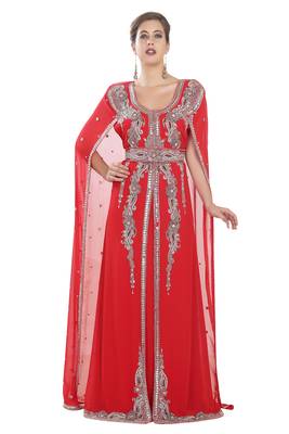 Red georgette islamic kaftan with zari and stone work 1