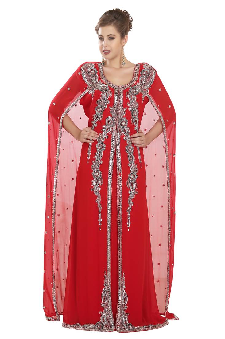 Red georgette islamic kaftan with zari and stone work