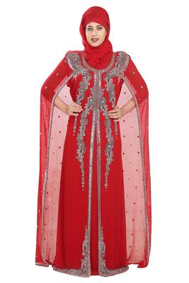 Red georgette islamic kaftan with zari and stone work 3
