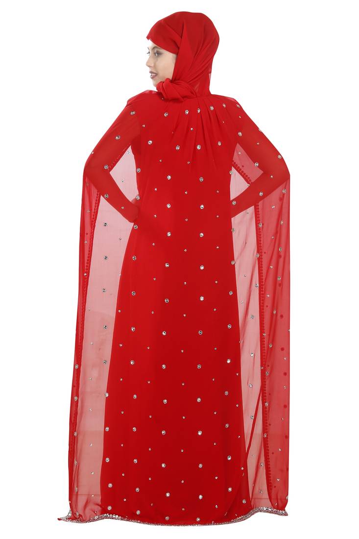 Red georgette islamic kaftan with zari and stone work