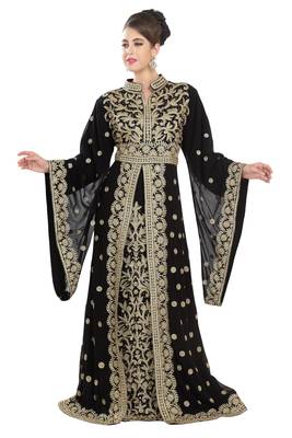 Black georgette islamic kaftan with zari and stone work 1