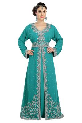 Turquoise georgette islamic kaftan with zari and stone work 2