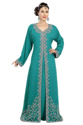 Turquoise georgette islamic kaftan with zari and stone work 3