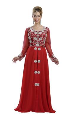 Red georgette islamic kaftan with zari and stone work 1