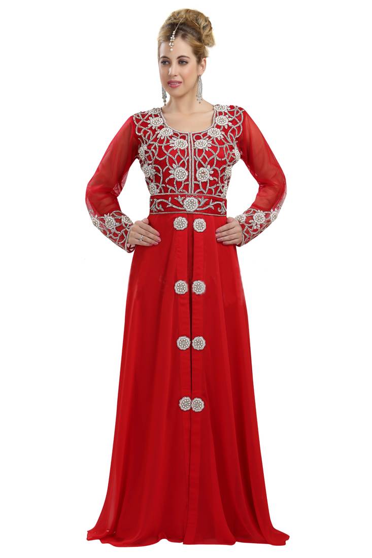 Red georgette islamic kaftan with zari and stone work