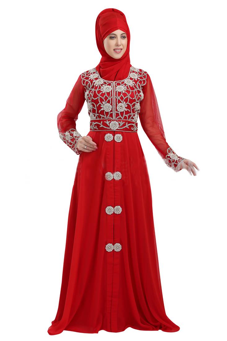 Red georgette islamic kaftan with zari and stone work