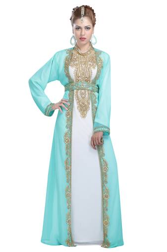 white and green georgette islamic kaftan with zari and stone work