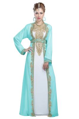 white and green georgette islamic kaftan with zari and stone work 1