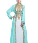 white and green georgette islamic kaftan with zari and stone work