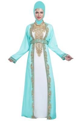white and green georgette islamic kaftan with zari and stone work 2