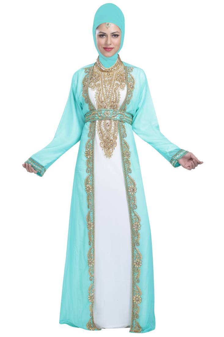 white and green georgette islamic kaftan with zari and stone work
