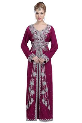 Wine georgette islamic kaftan with zari and stone work 1