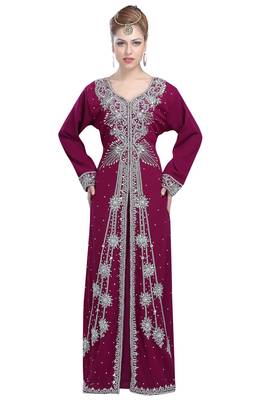Wine georgette islamic kaftan with zari and stone work 2