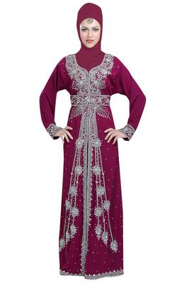 Wine georgette islamic kaftan with zari and stone work 3