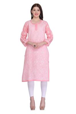 Peach Embroidered Cotton Chikankari Kurti 1