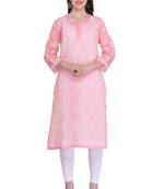 Peach Embroidered Cotton Chikankari Kurti