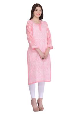Peach Embroidered Cotton Chikankari Kurti 3