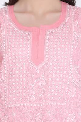 Peach Embroidered Cotton Chikankari Kurti 4