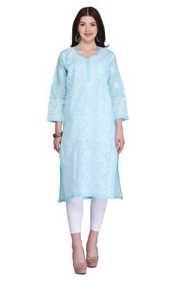 Blue Embroidered Cotton Chikankari Kurti 1