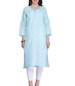 Blue Embroidered Cotton Chikankari Kurti
