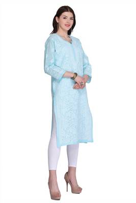 Blue Embroidered Cotton Chikankari Kurti 3