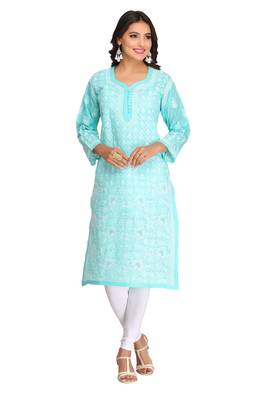 Sea Green Embroidered Cotton Chikankari Kurti 2