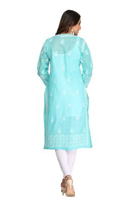 Sea Green Embroidered Cotton Chikankari Kurti 3