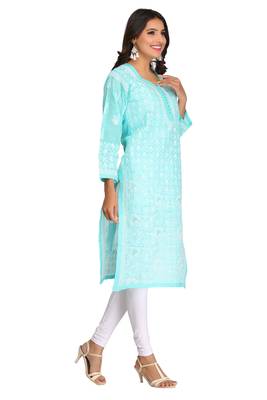 Sea Green Embroidered Cotton Chikankari Kurti 4