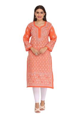 Orange Embroidered Cotton Chikankari Kurti 1