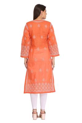 Orange Embroidered Cotton Chikankari Kurti 2