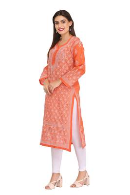 Orange Embroidered Cotton Chikankari Kurti 3