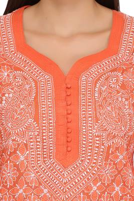 Orange Embroidered Cotton Chikankari Kurti 4