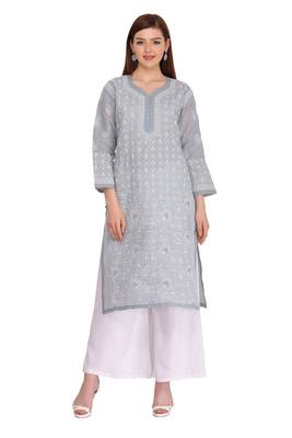 Cream Embroidered Cotton Chikankari Kurti 1