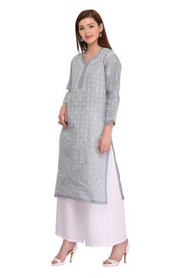 Cream Embroidered Cotton Chikankari Kurti 3