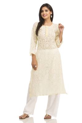 Lemon Embroidered Georgette Chikankari Kurti  1