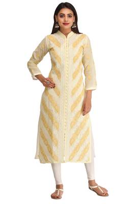 Ada Lemon Hand Embroidered Cotton Lucknow Chikankari Women Kurti - A239019 1